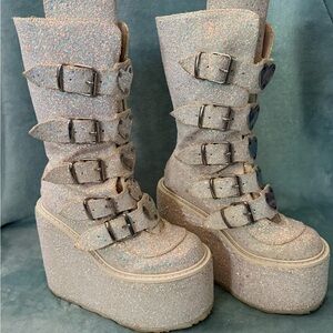 White/silver Glitter Demonia Boots